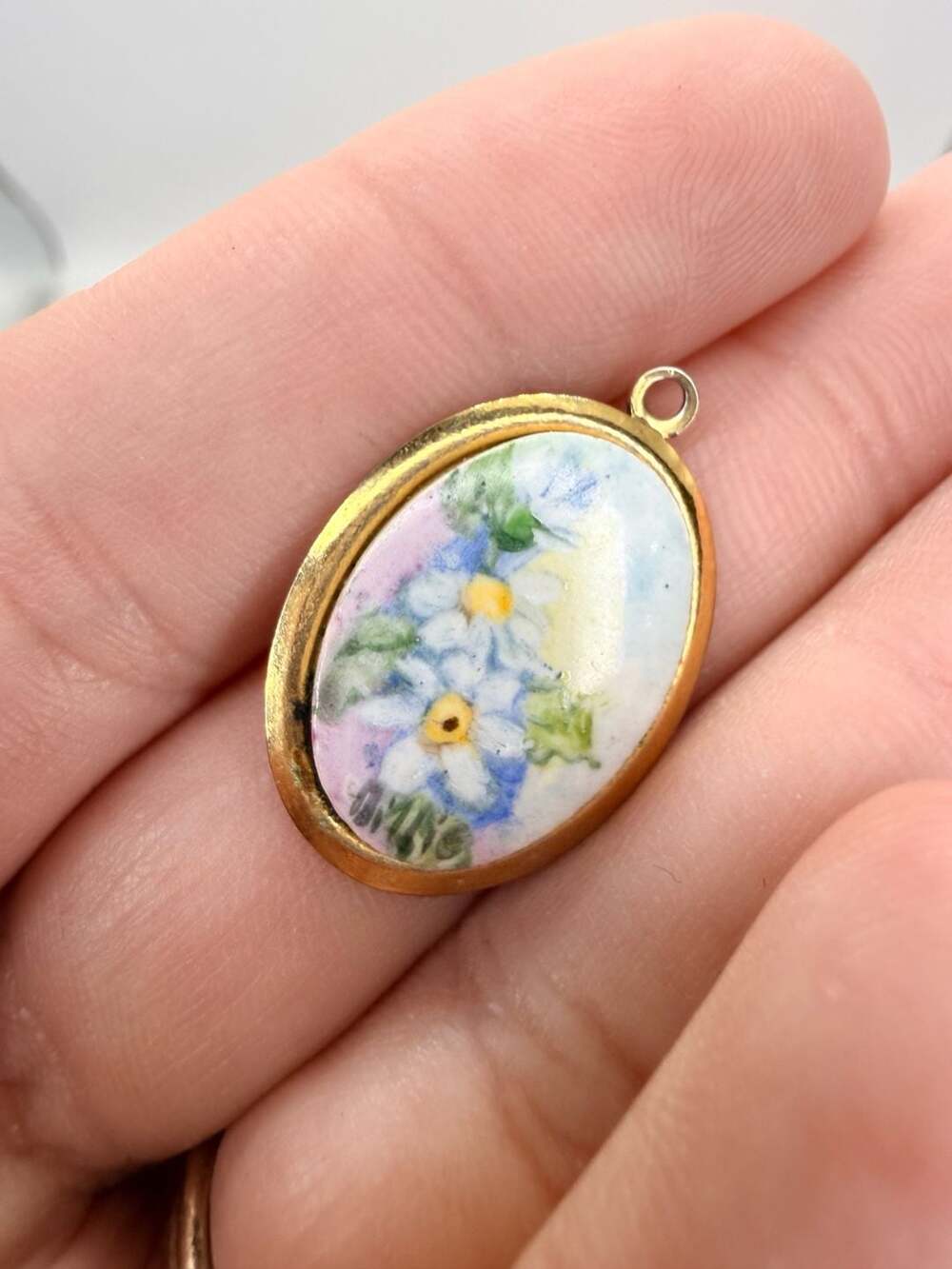 Vintage Hand-Painted Porcelain Forget-Me-Not Pendant